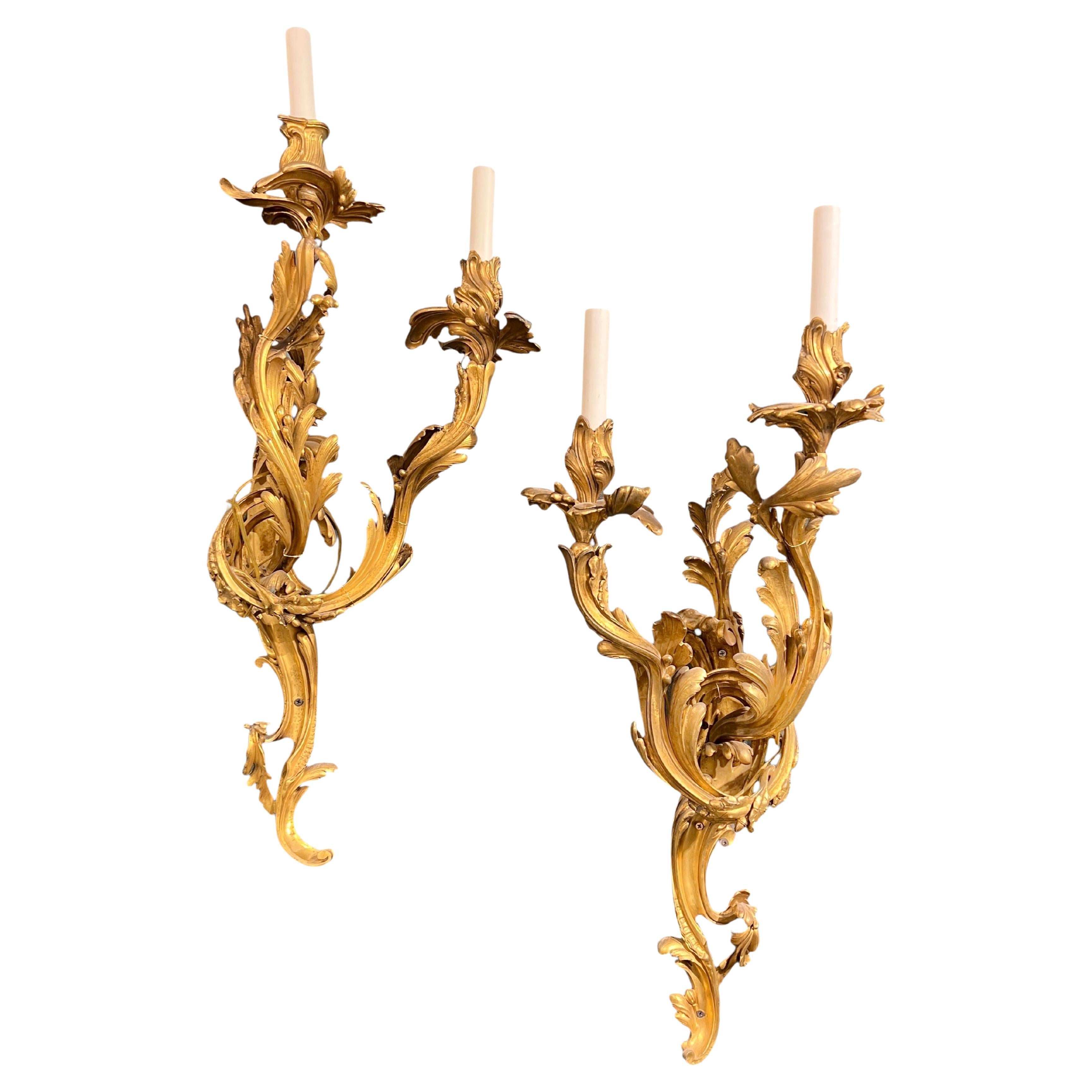 Außergewöhnliches Paar großer französischer Wandleuchter aus vergoldeter Bronze im Stil Louis XV des 19.