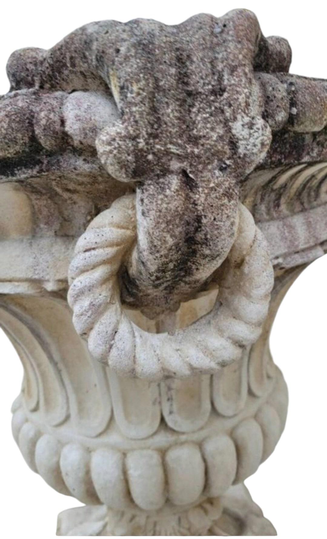 Exceptional Pair of 1950s Stone Planter Vases with Decorative Faces For Sale 6