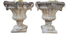 Exceptional Pair of 1950s Stone Planter Vases with Decorative Faces