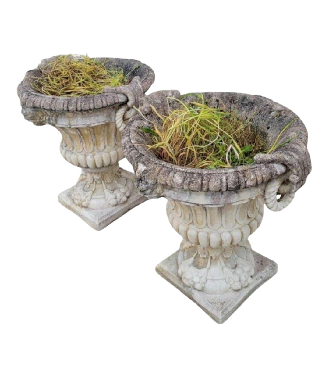 Exceptional Pair of 1950s Stone Planter Vases with Decorative Faces For Sale 1