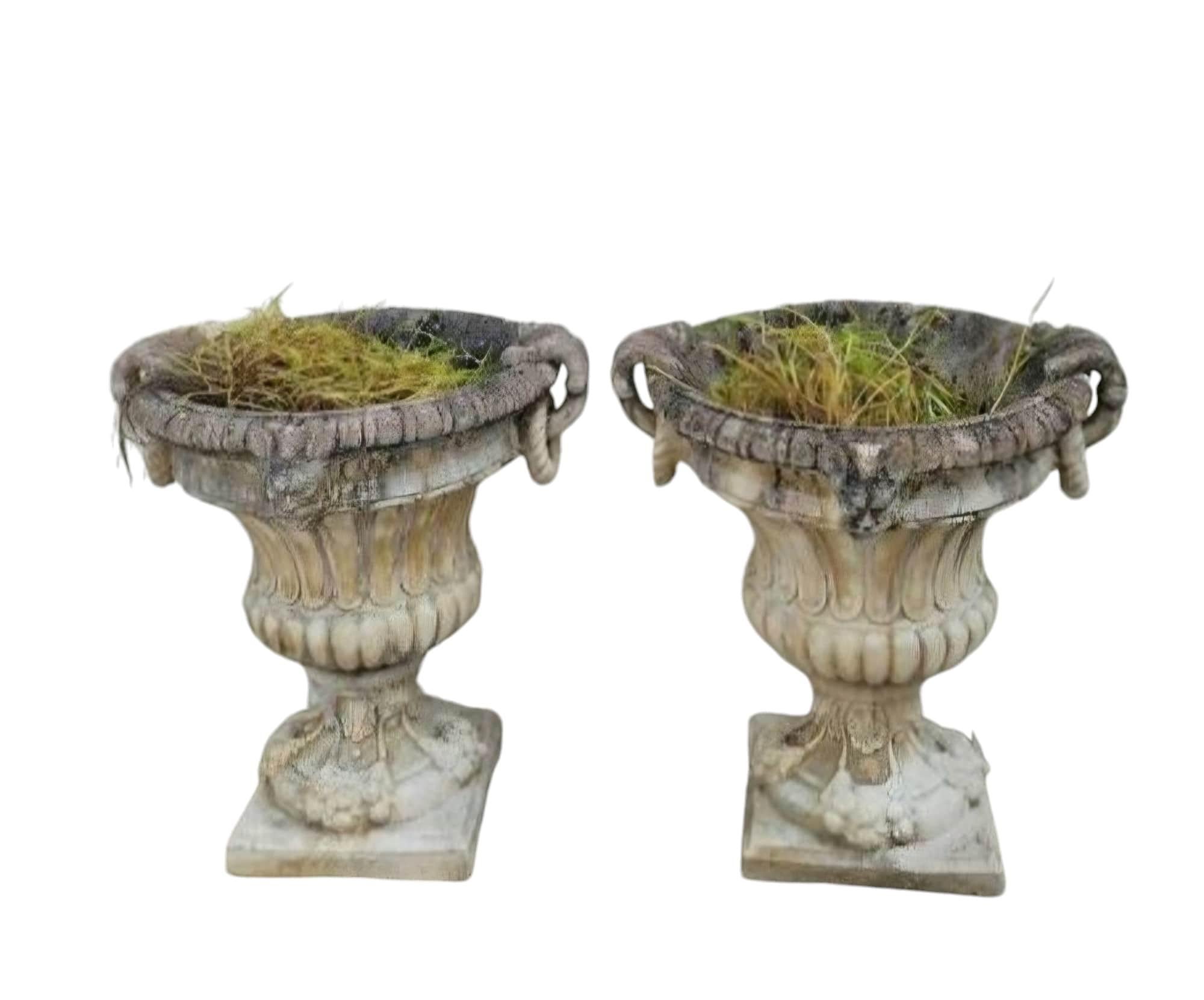 Exceptional Pair of 1950s Stone Planter Vases with Decorative Faces For Sale 2