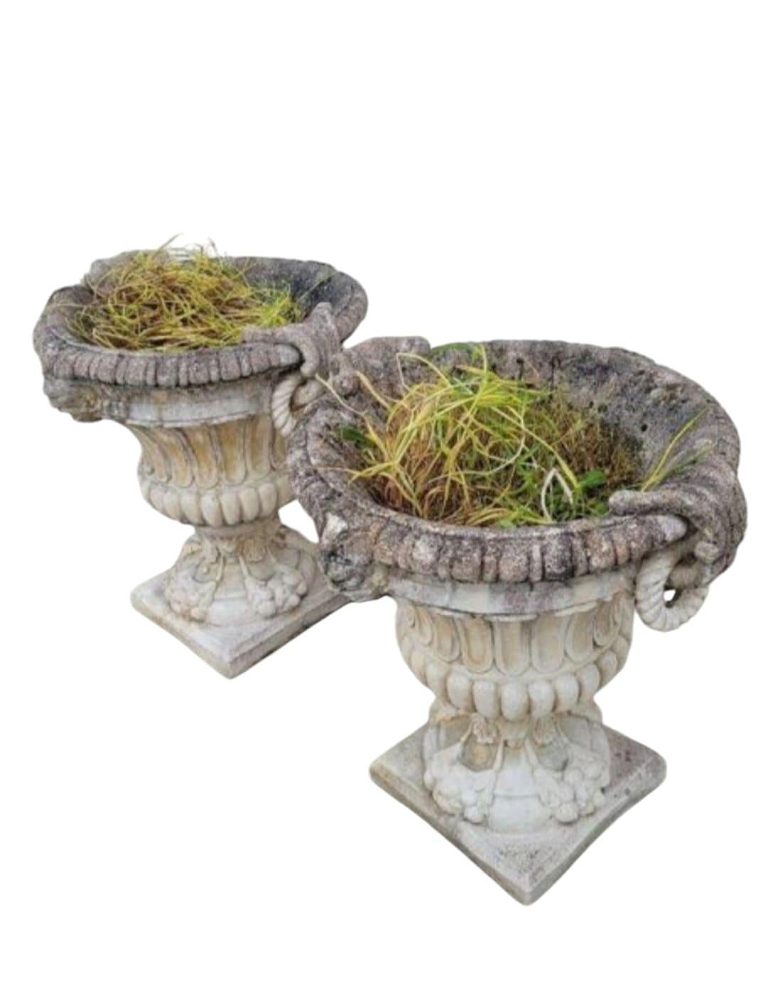 Exceptional Pair of 1950s Stone Planter Vases with Decorative Faces For Sale 3