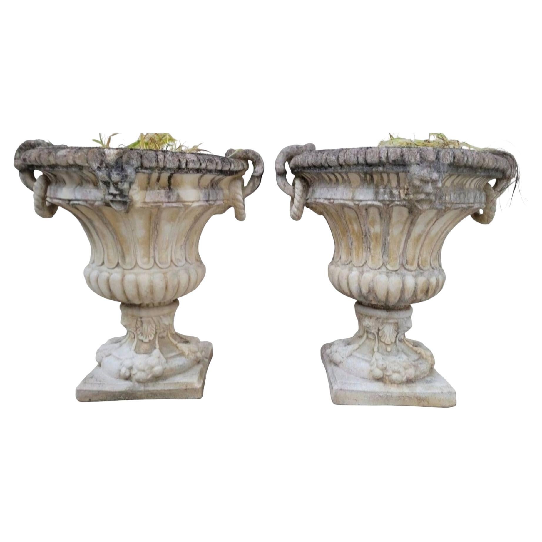 Exceptional Pair of 1950s Stone Planter Vases with Decorative Faces