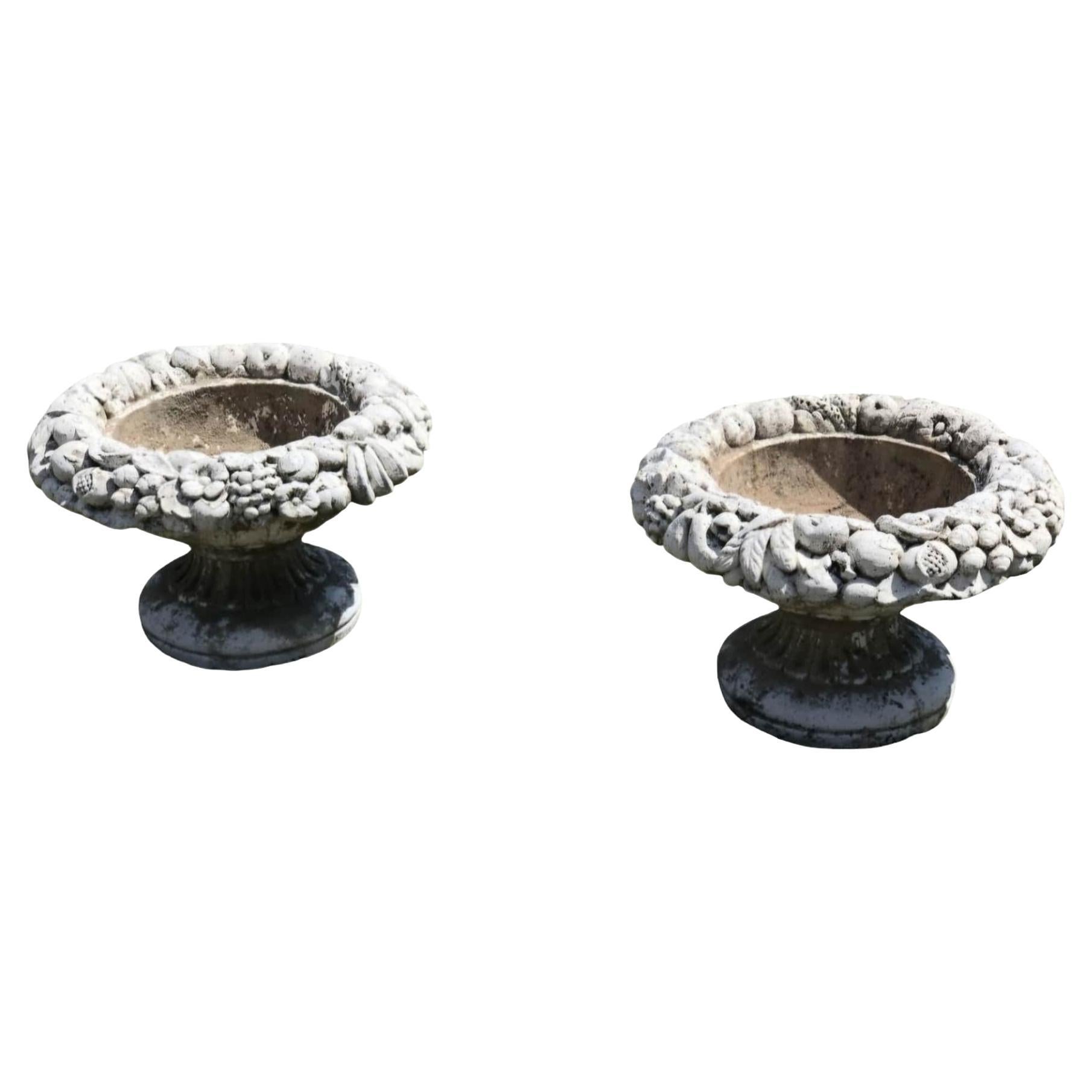 Exceptional Pair of 1950s Stone Planter Vases with Decorative Faces For Sale