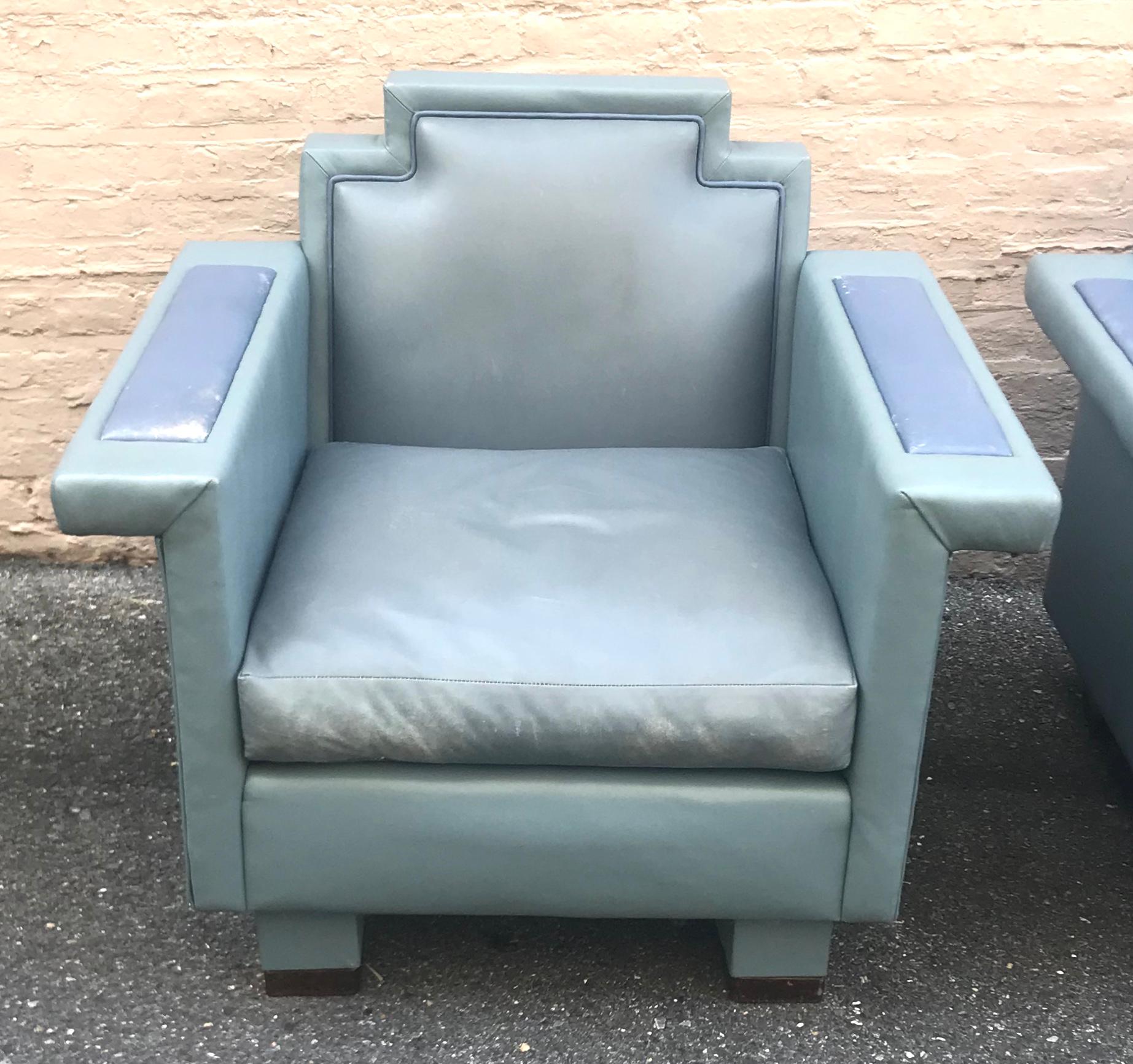 American Exceptional Pair of 1980s Ronn Jaffe Postmodern Leather Lounge Chairs For Sale