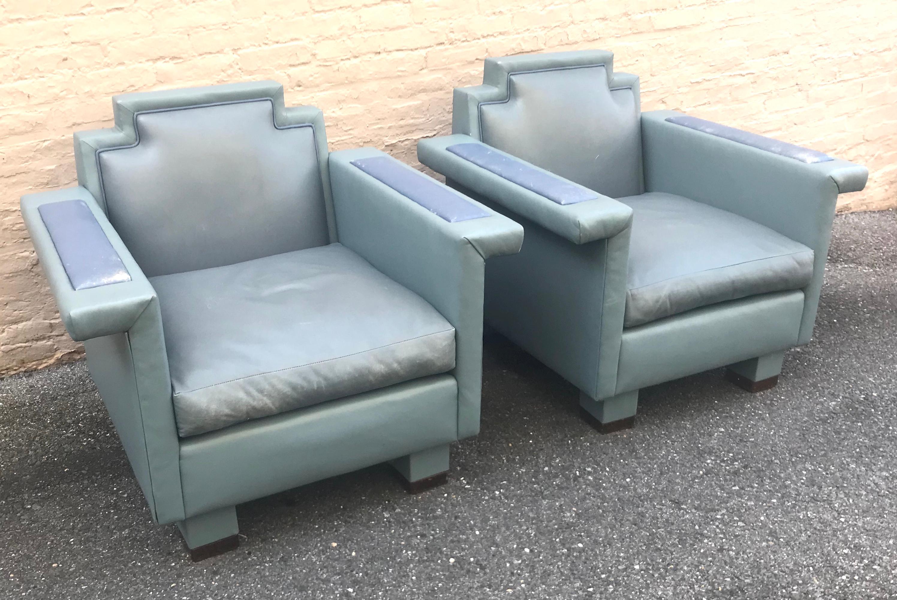 Exceptional Pair of 1980s Ronn Jaffe Postmodern Leather Lounge Chairs In Excellent Condition For Sale In Washington, DC