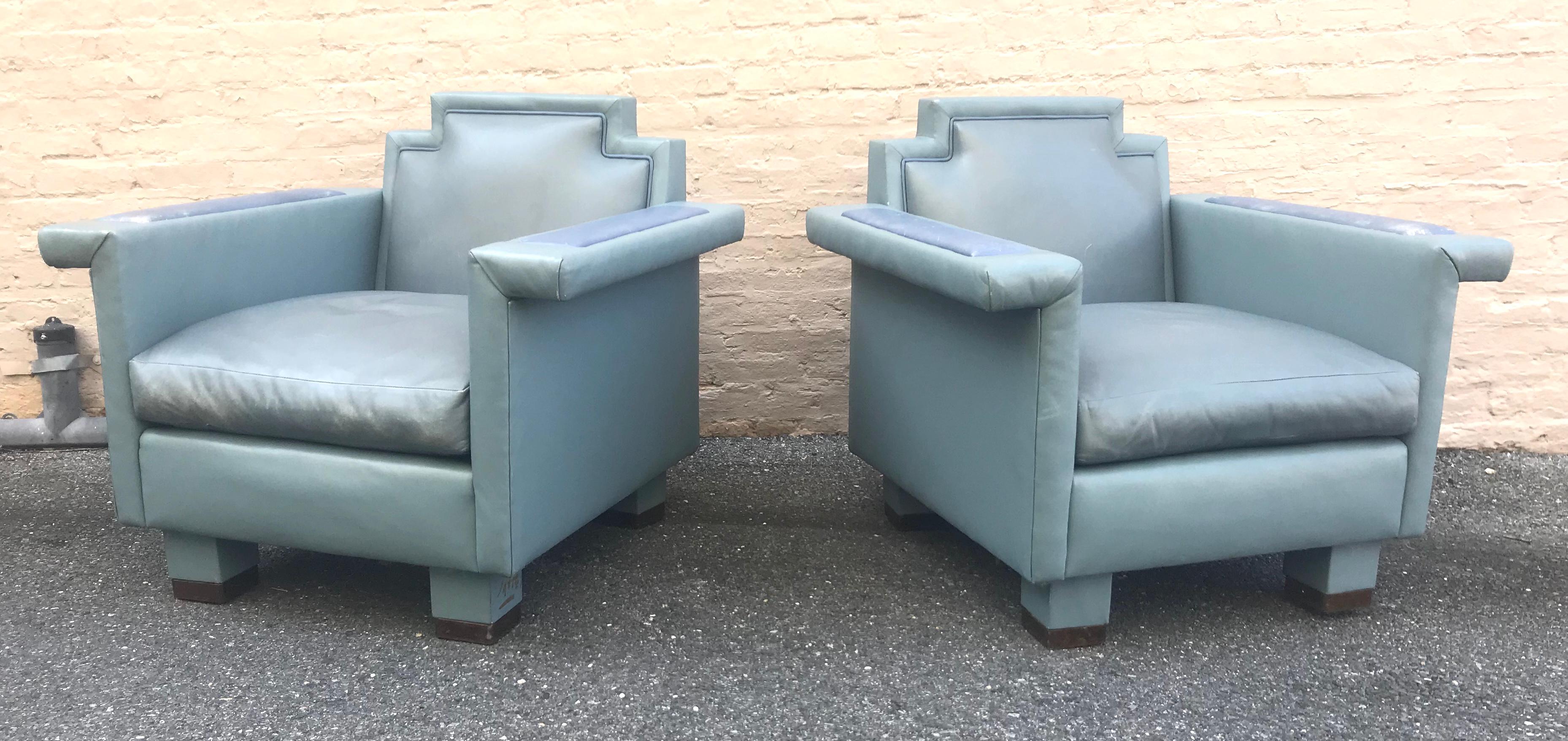 Late 20th Century Exceptional Pair of 1980s Ronn Jaffe Postmodern Leather Lounge Chairs For Sale