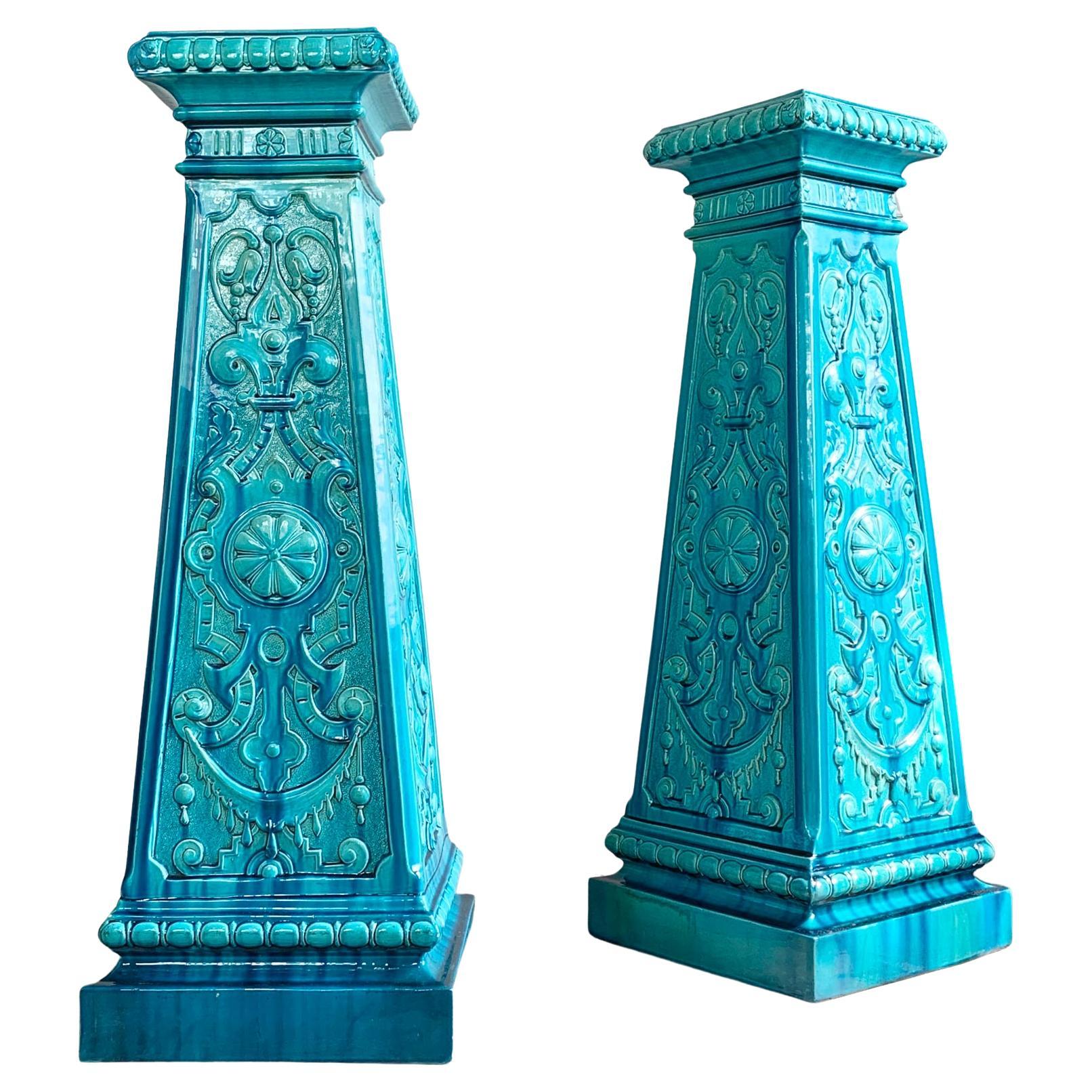  Exceptional Pair of 19th Century Burmantofts Faience Jardiniere Stands