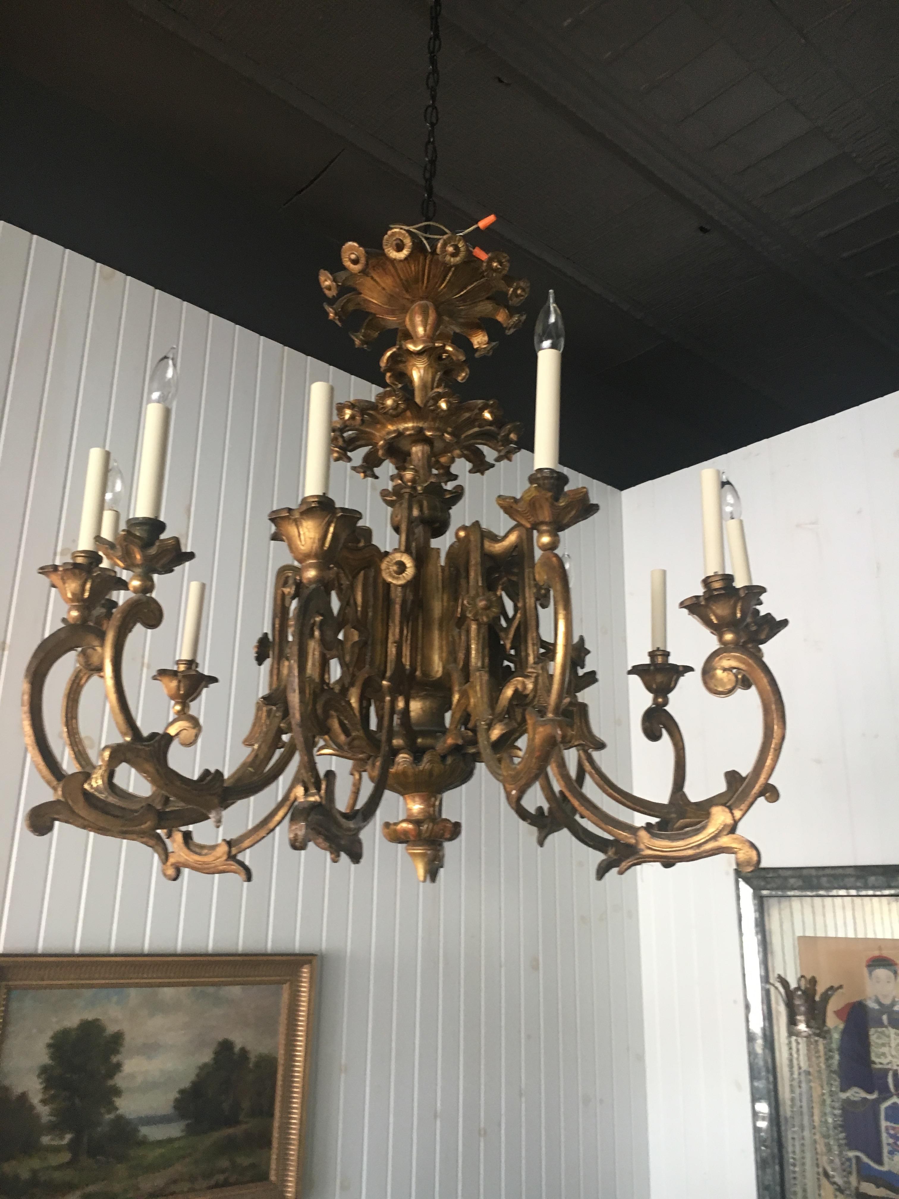 Gothic Revival Exceptional Pair of 19th Century English Giltwood Twelve-Light Chandeliers
