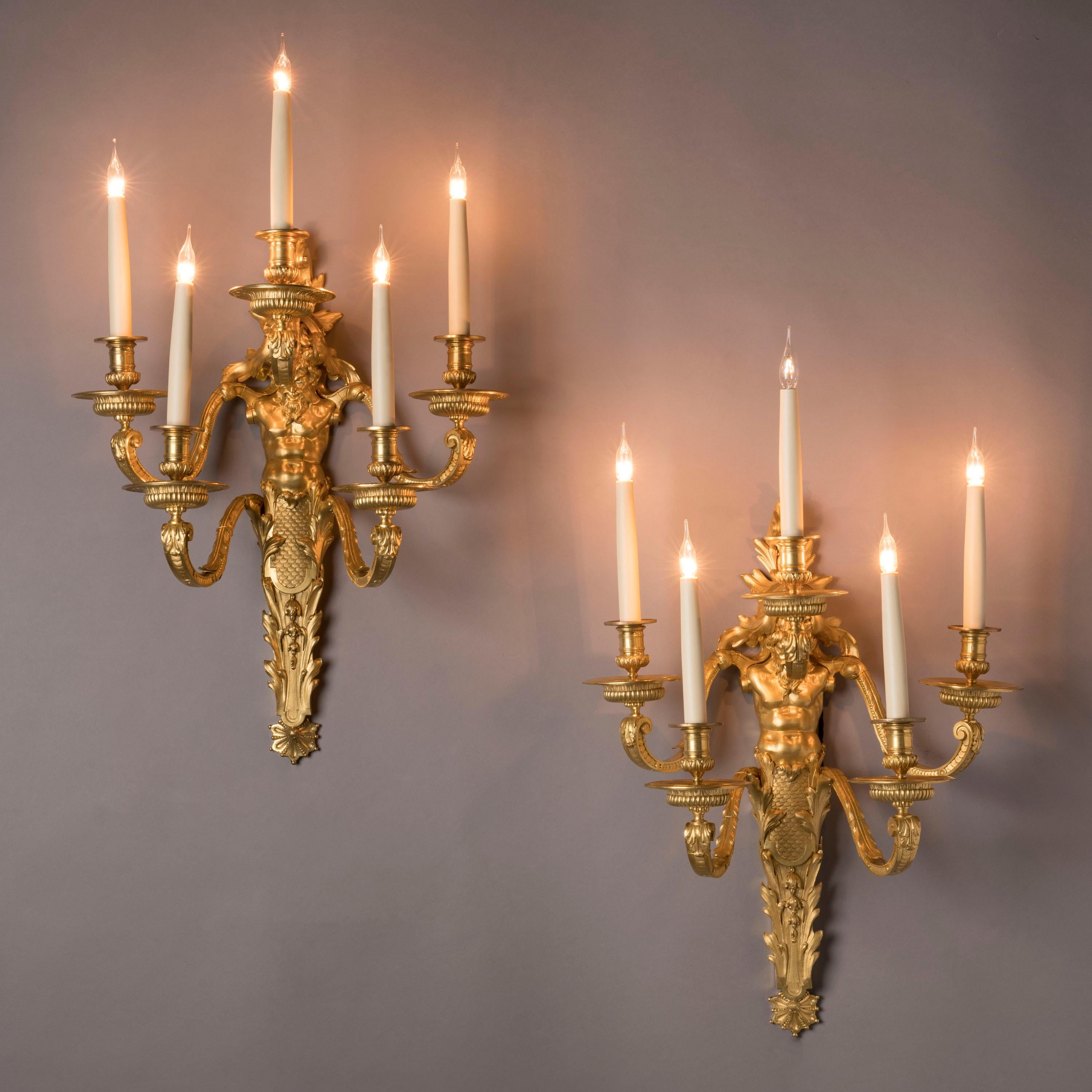 Louis XIV Exceptional Pair of 19th Century Gilt Bronze Wall Appliques by Henry Dasson For Sale