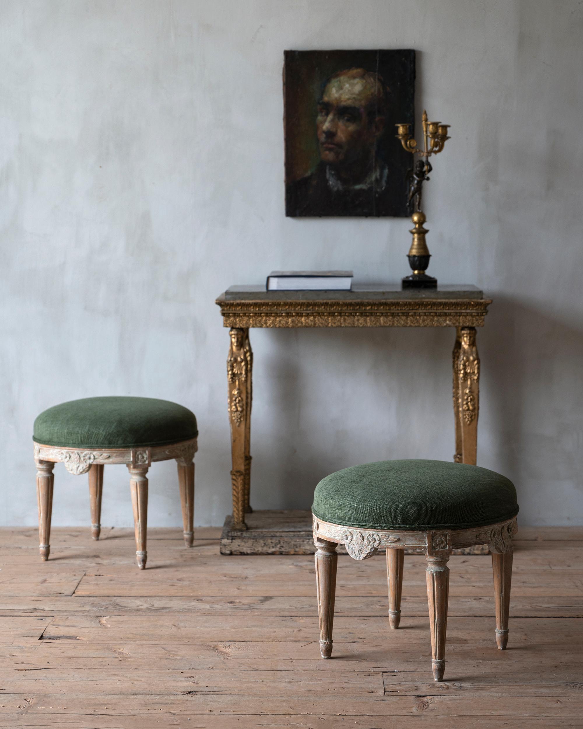 Exceptional and unusually large pair of early 19th century Gustavian stools in their original finish. Ca 1800 Stockholm, Sweden. 