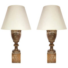 Exceptional Pair of Alabaster Urn Carved 'Medusa' Table Lamps