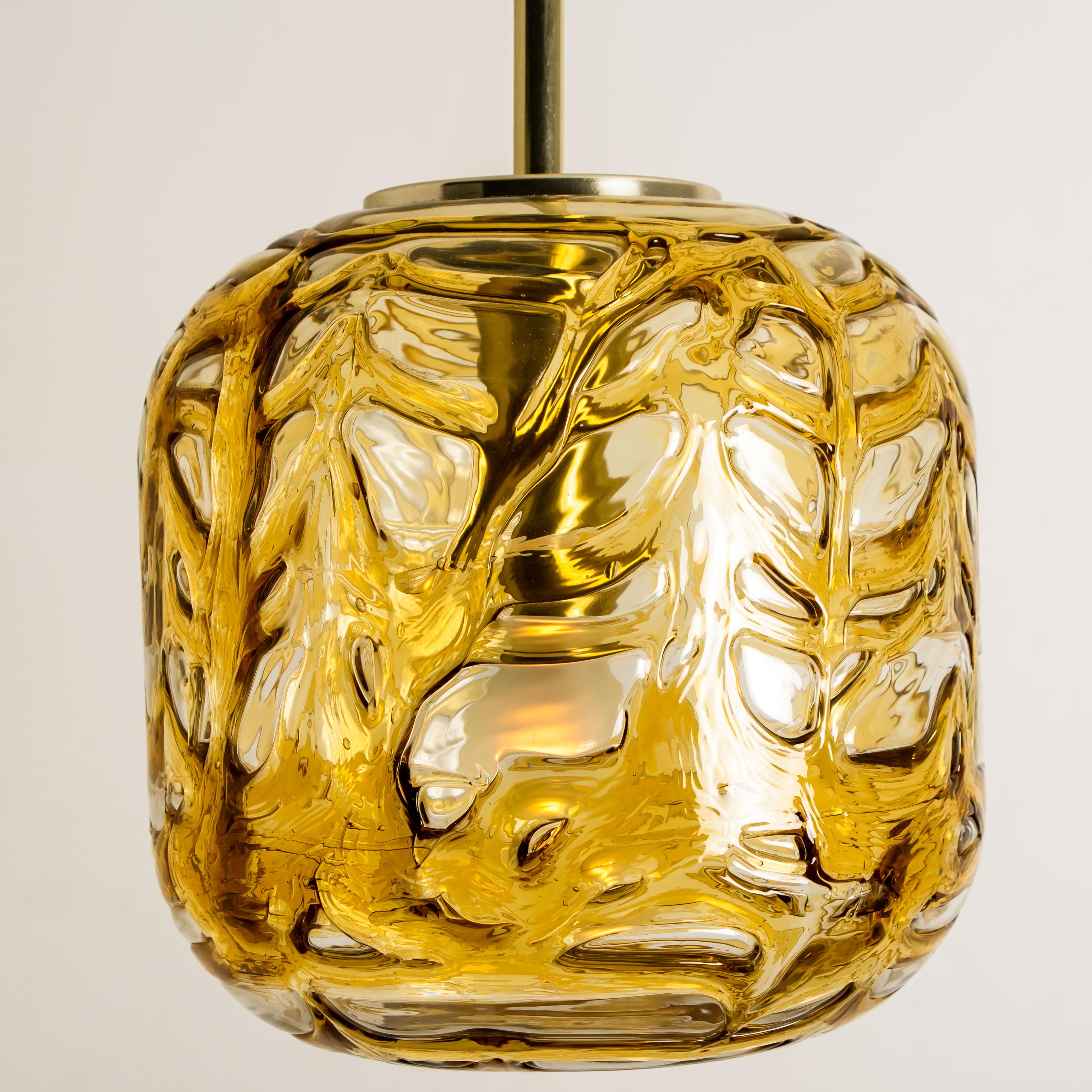 Mid-Century Modern Exceptional Pair of Amber Murano Glass Pendant Lights Venini Style, 1970