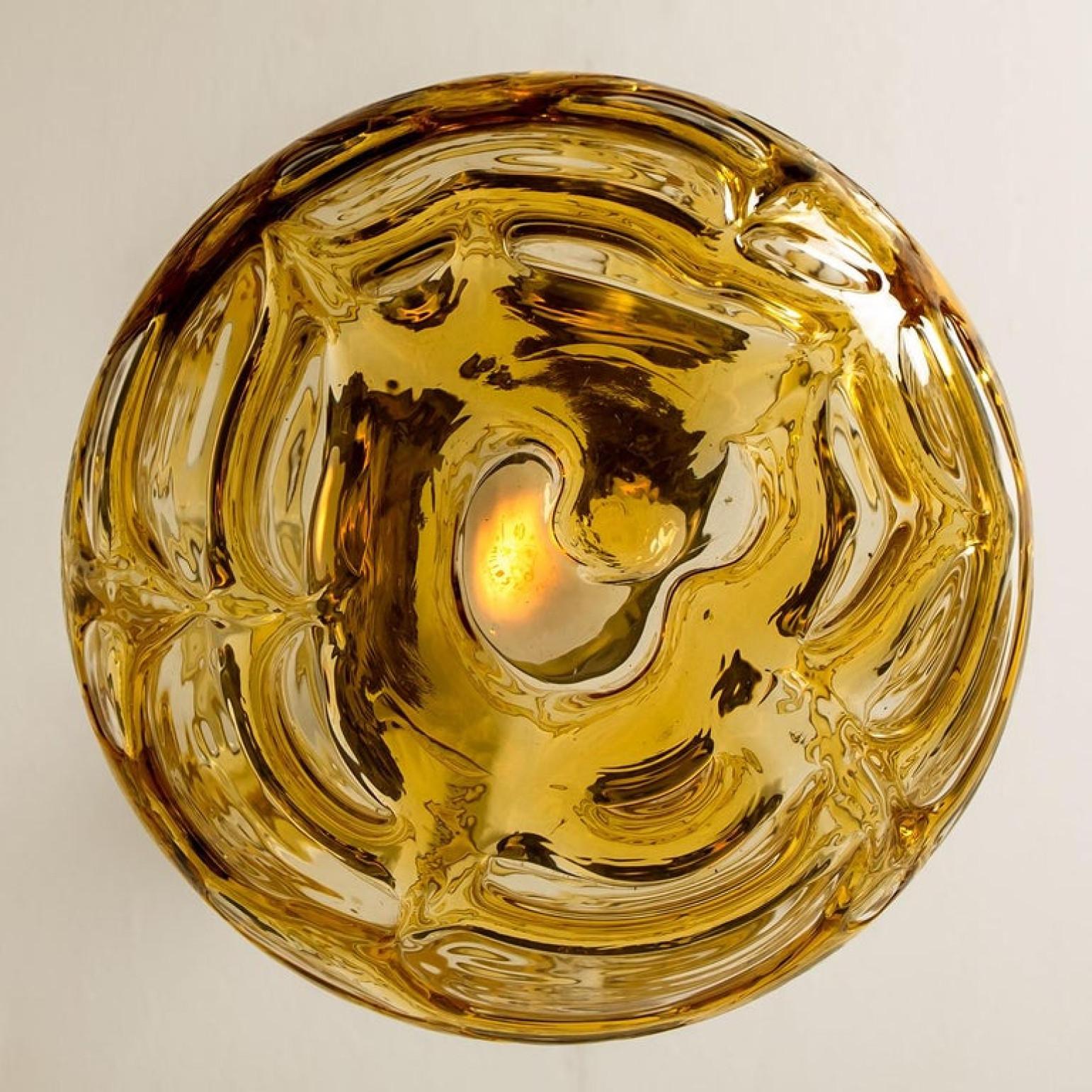 Cut Steel Exceptional Pair of Amber Murano Glass Pendant Lights Venini Style, 1970 For Sale