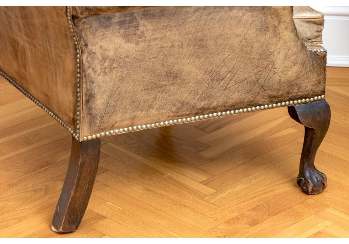 Exceptional Pair Of Antique Chippendale Style Leather Wing Chairs For Sale 12