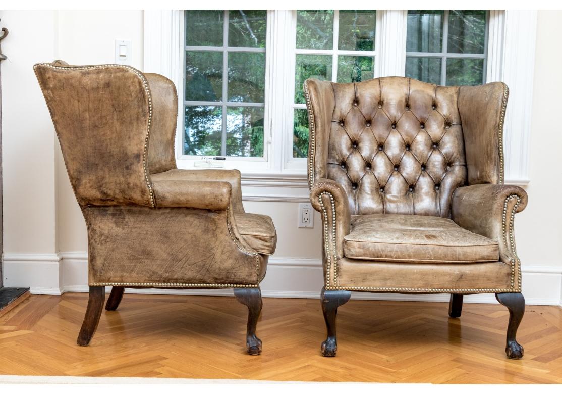 Exceptional Pair Of Antique Chippendale Style Leather Wing Chairs For Sale 15