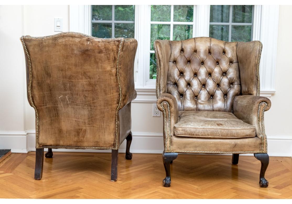 Unknown Exceptional Pair Of Antique Chippendale Style Leather Wing Chairs For Sale