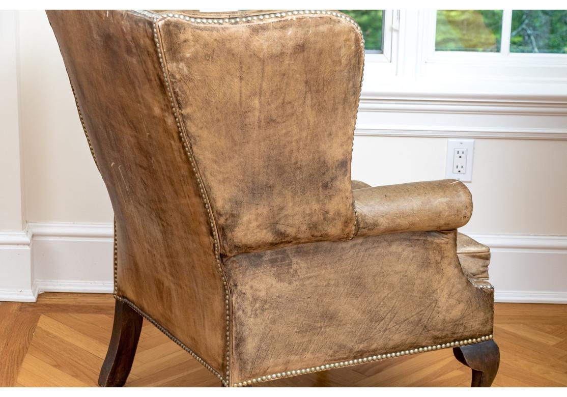 19th Century Exceptional Pair Of Antique Chippendale Style Leather Wing Chairs For Sale