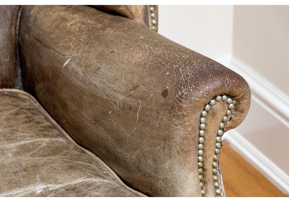 Exceptional Pair Of Antique Chippendale Style Leather Wing Chairs For Sale 2