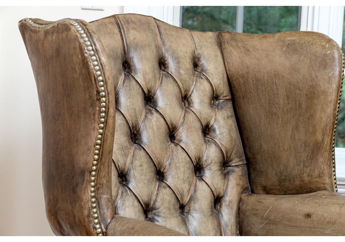 Exceptional Pair Of Antique Chippendale Style Leather Wing Chairs For Sale 4