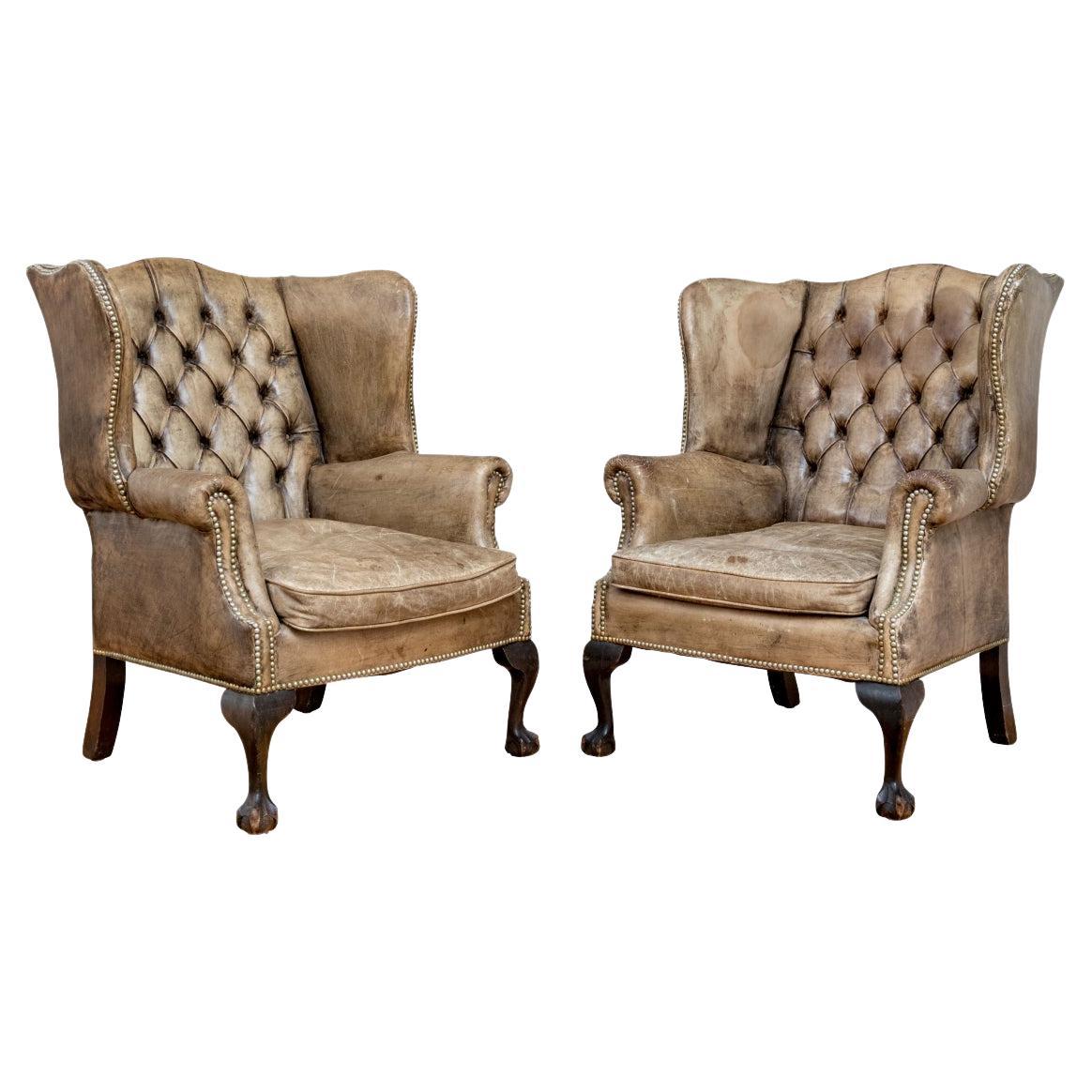 Exceptional Pair Of Antique Chippendale Style Leather Wing Chairs For Sale