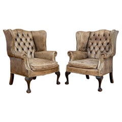 Exceptional Pair Of Antique Chippendale Style Leather Wing Chairs