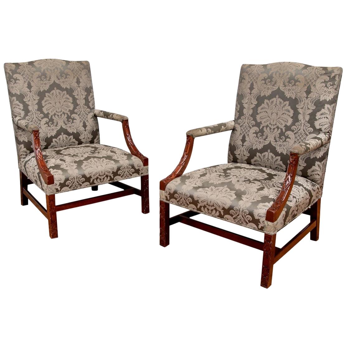 Exceptional Pair of Antique George III Carved Mahogany Library Armchairs