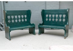 Exceptional Pair of Antique Green Paint Wingback Porch Benches
