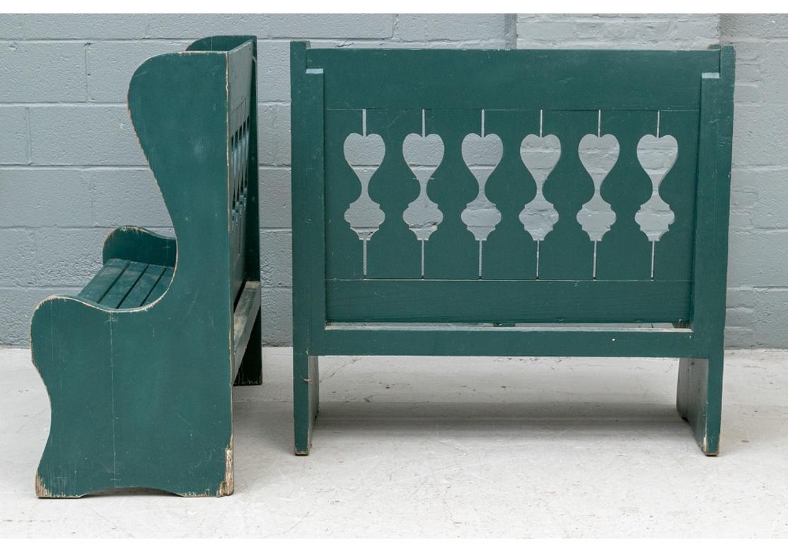 Exceptional Pair of Antique Green Paint Wingback Porch Benches In Good Condition For Sale In Bridgeport, CT