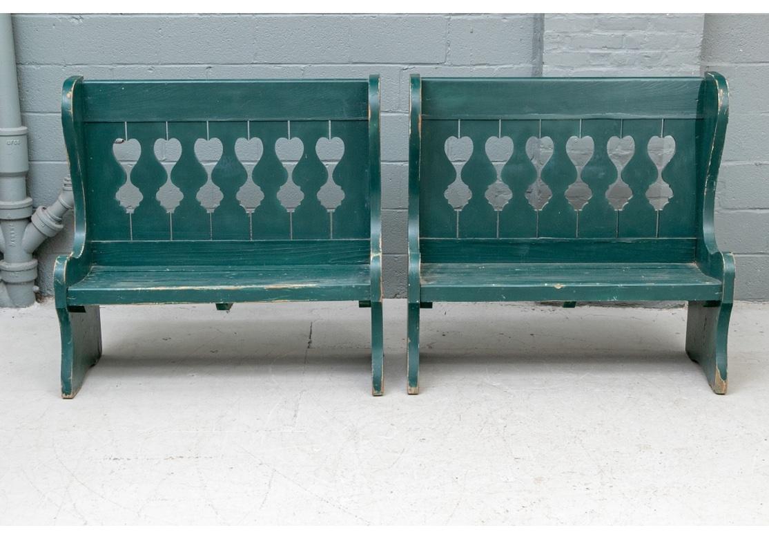 19th Century Exceptional Pair of Antique Green Paint Wingback Porch Benches For Sale