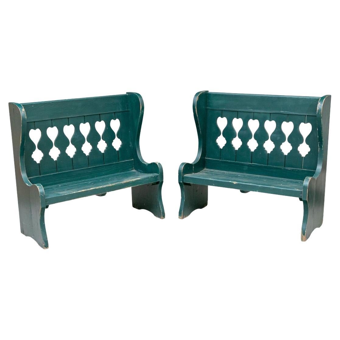Exceptional Pair of Antique Green Paint Wingback Porch Benches For Sale