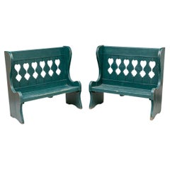Exceptional Pair of Antique Green Paint Wingback Porch Benches
