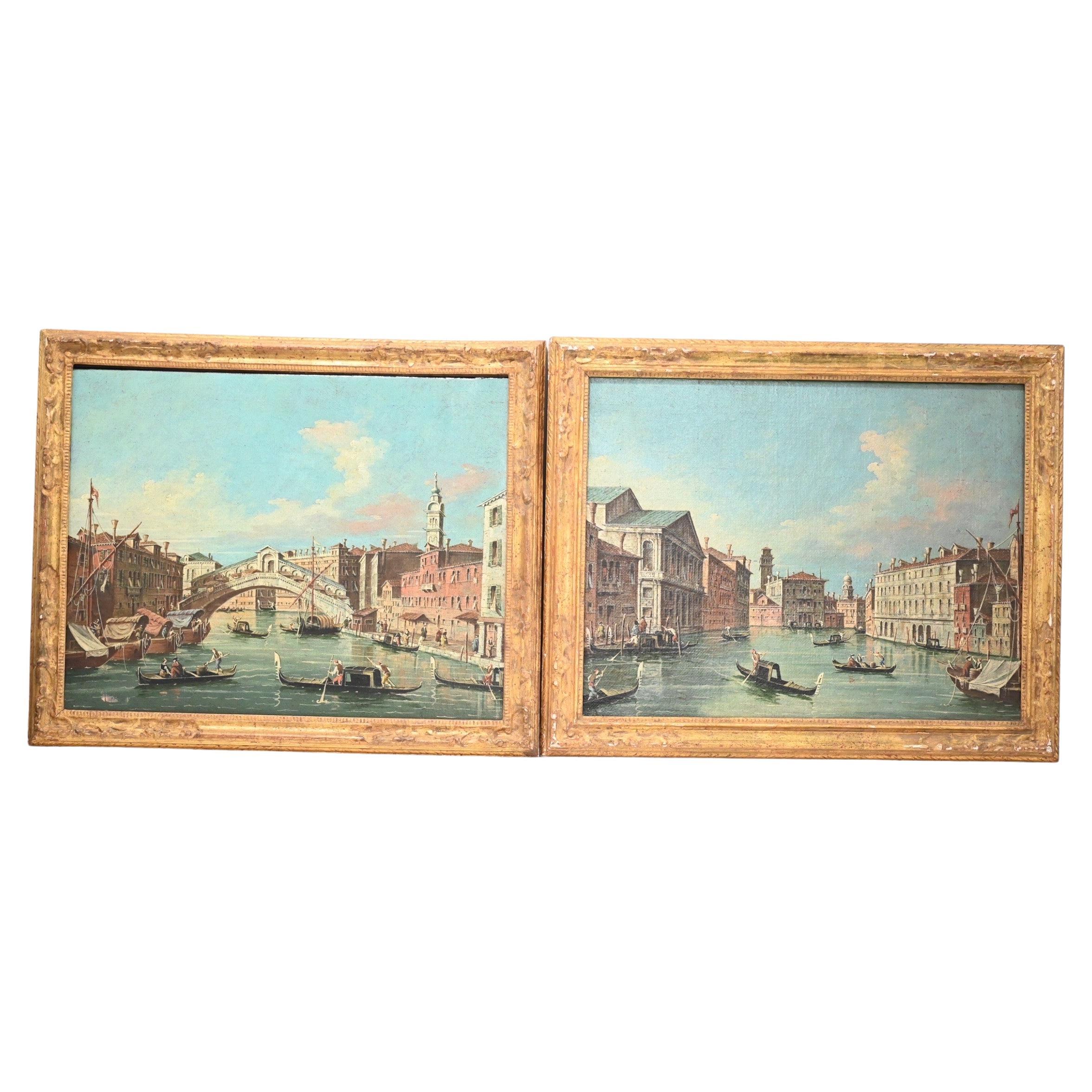 Exceptional Pair of Antique Venetian Oil on Canvas Painting Mid 19th Century  For Sale