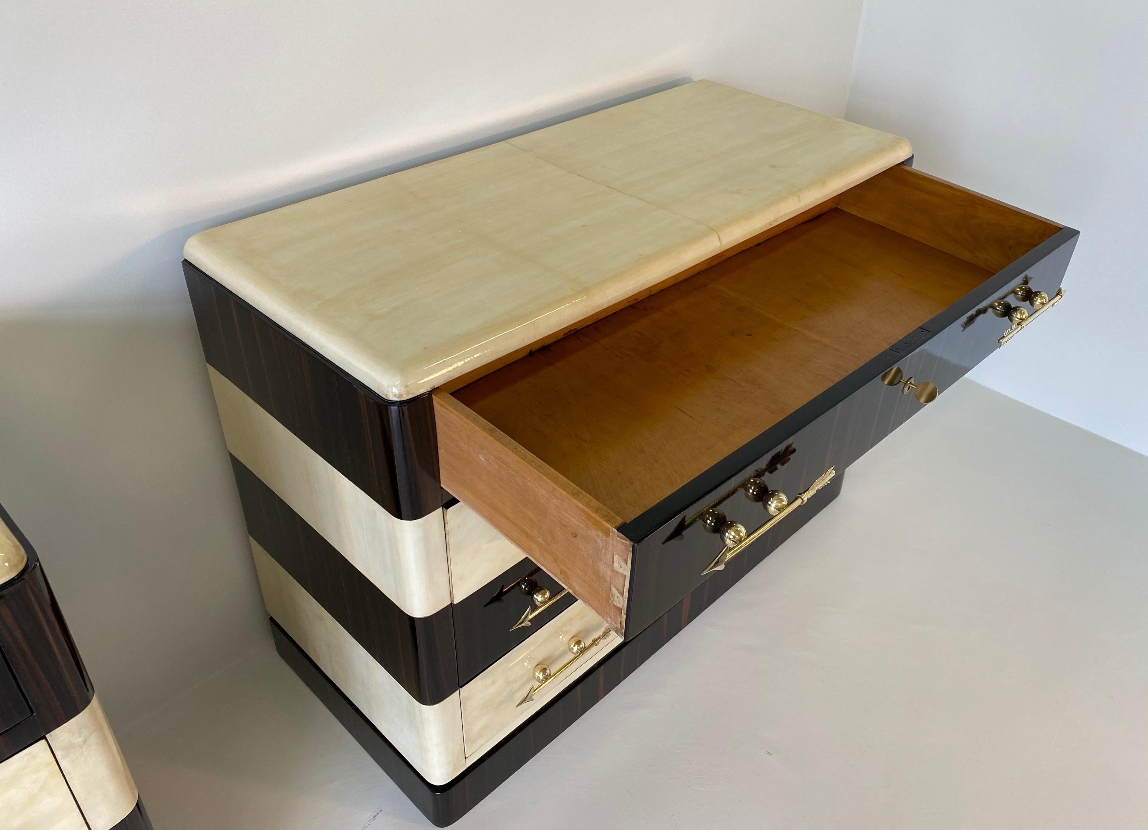 Exceptional Pair of Art Deco Parchment, Macassar and Brass Dresser, 1930s 6