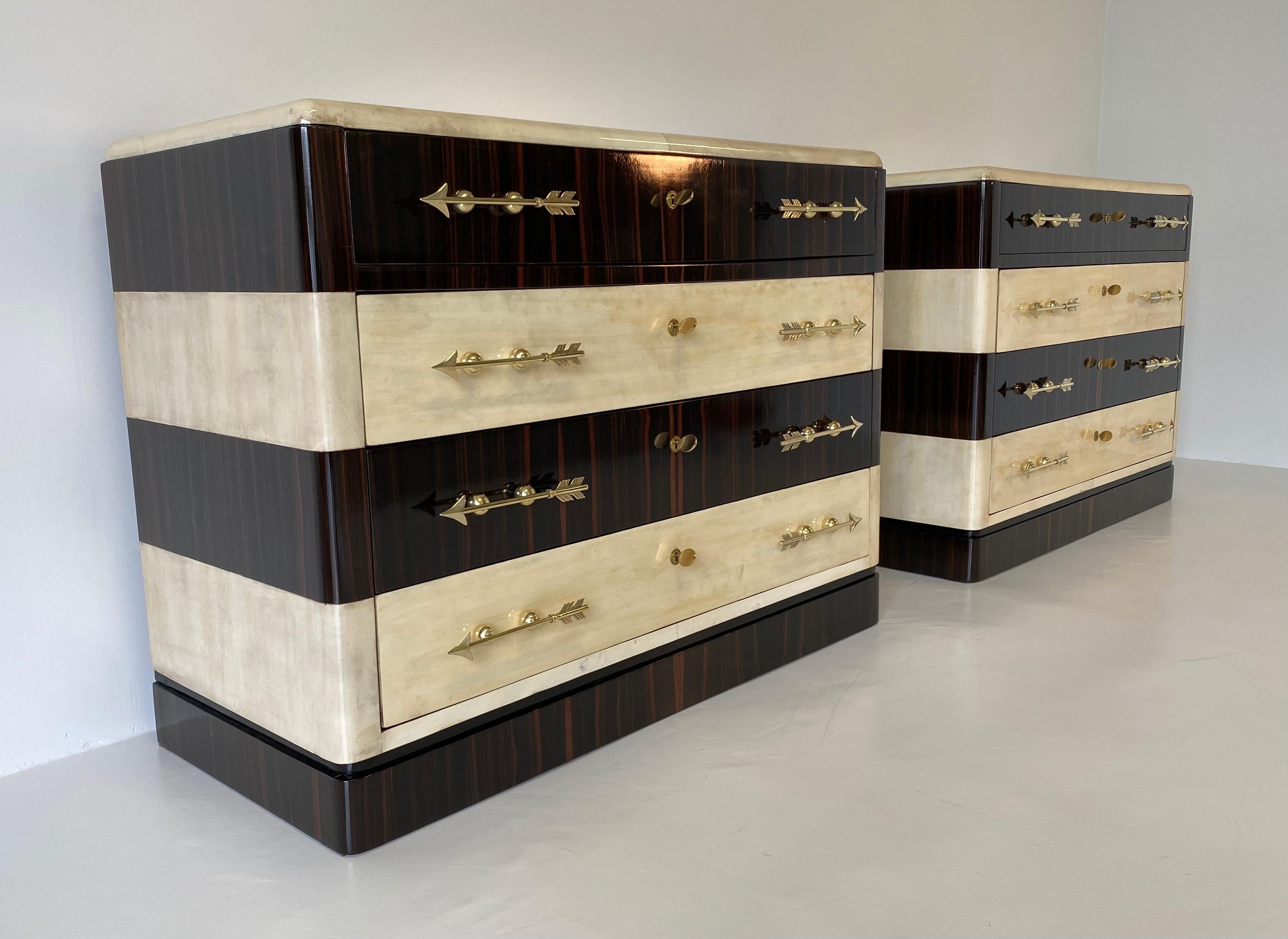 Italian Exceptional Pair of Art Deco Parchment, Macassar and Brass Dresser, 1930s