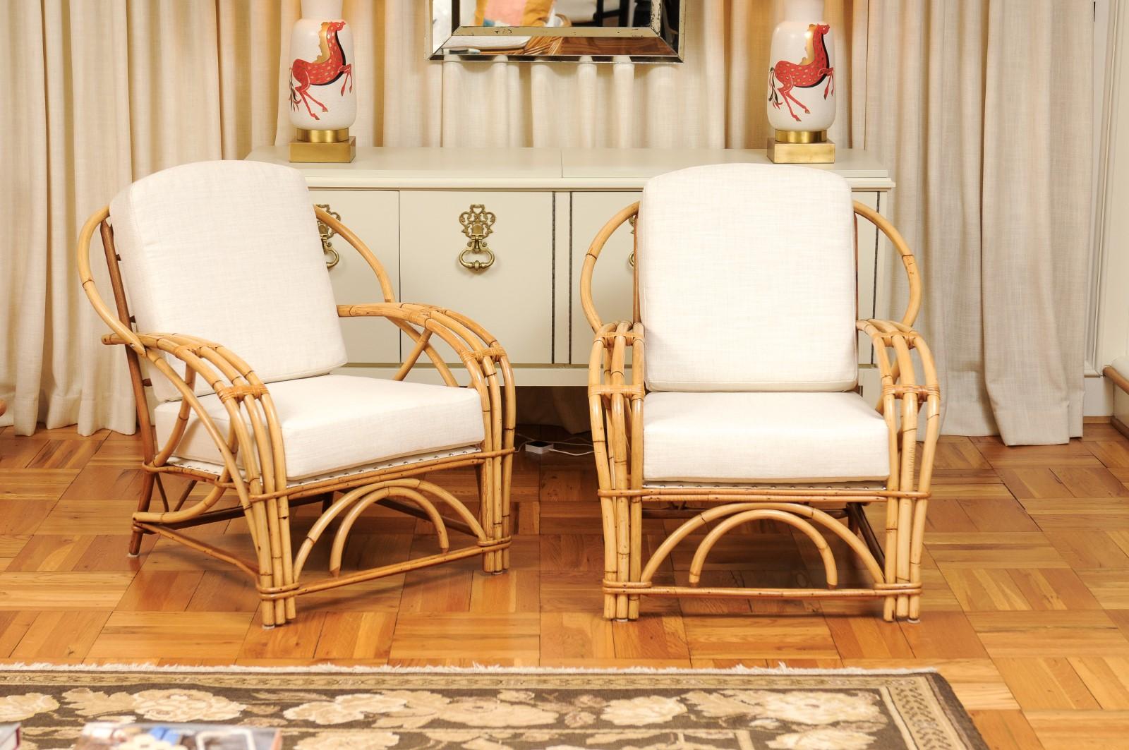 These magnificent lounge chairs are shipped as professionally photographed and described in the listing narrative: Meticulously professionally restored, expertly upholstered and Installation Ready. Expert custom upholstery service is