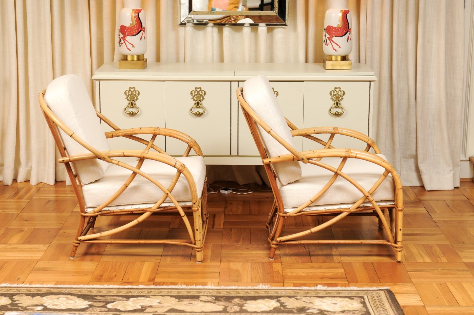 Cane Exceptional Pair of Art Deco Rattan Loungers by Willow & Reed, circa 1945 For Sale