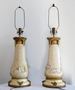 Exceptional Pair of Art Nouveau Pastoral Figural Ceramic Lamps and Shepherdesses