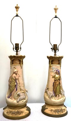 Art Nouveau Rare Pair of Pastoral Figural Ceramic Lamps Beautiful Sculptural