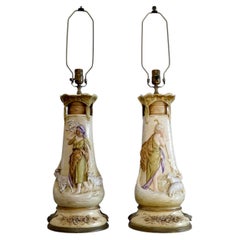Exceptional Pair of Art Nouveau Pastoral Figural Ceramic Lamps and Shepherdesses