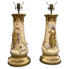 Art Nouveau Rare Pair of Pastoral Figural Ceramic Lamps Beautiful Sculptural