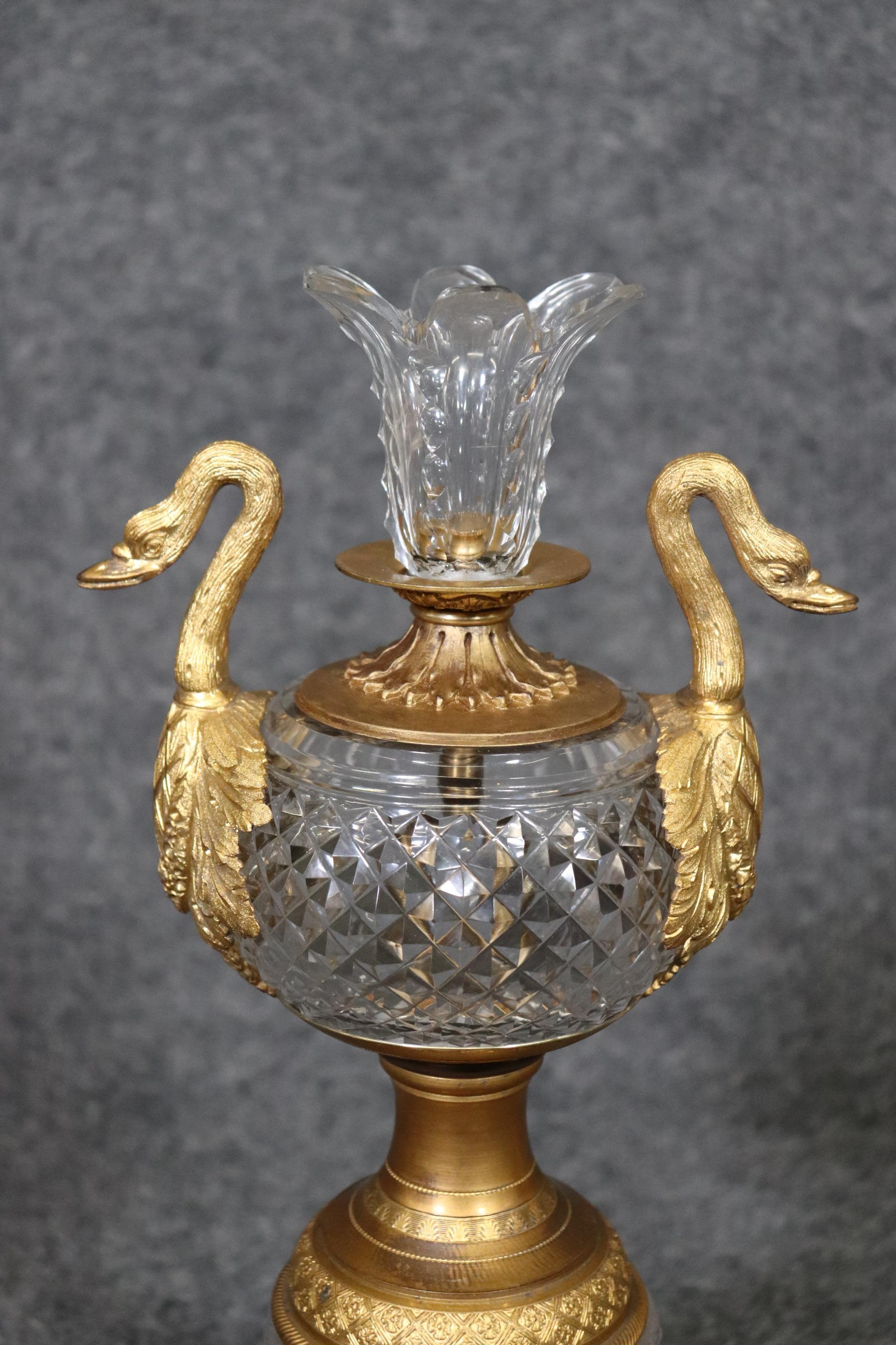 Exceptional Pair of Baccarat Quality Crystal Dore' Bronze Cassolettes with Swans 6