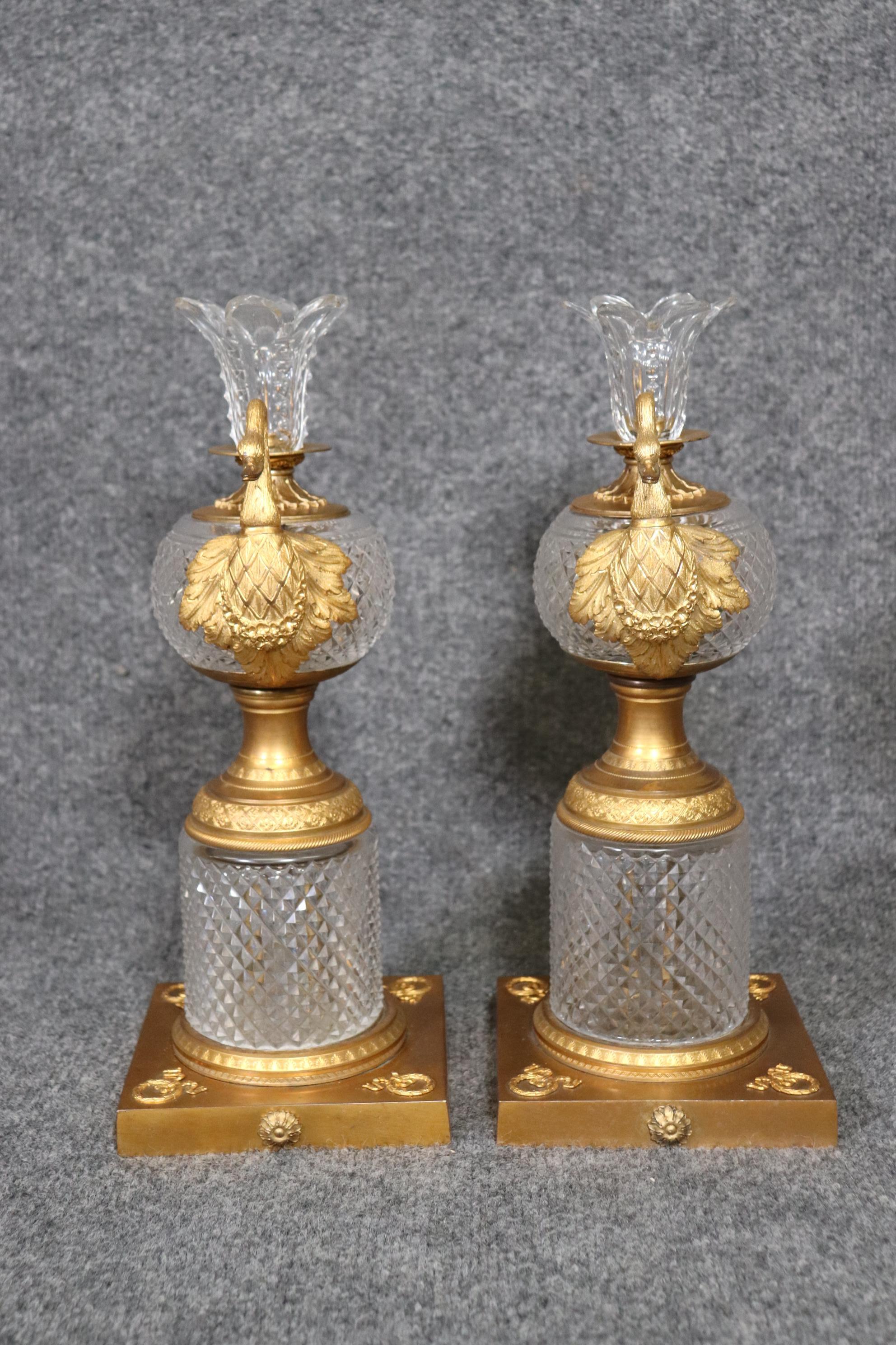 Mid-20th Century Exceptional Pair of Baccarat Quality Crystal Dore' Bronze Cassolettes with Swans