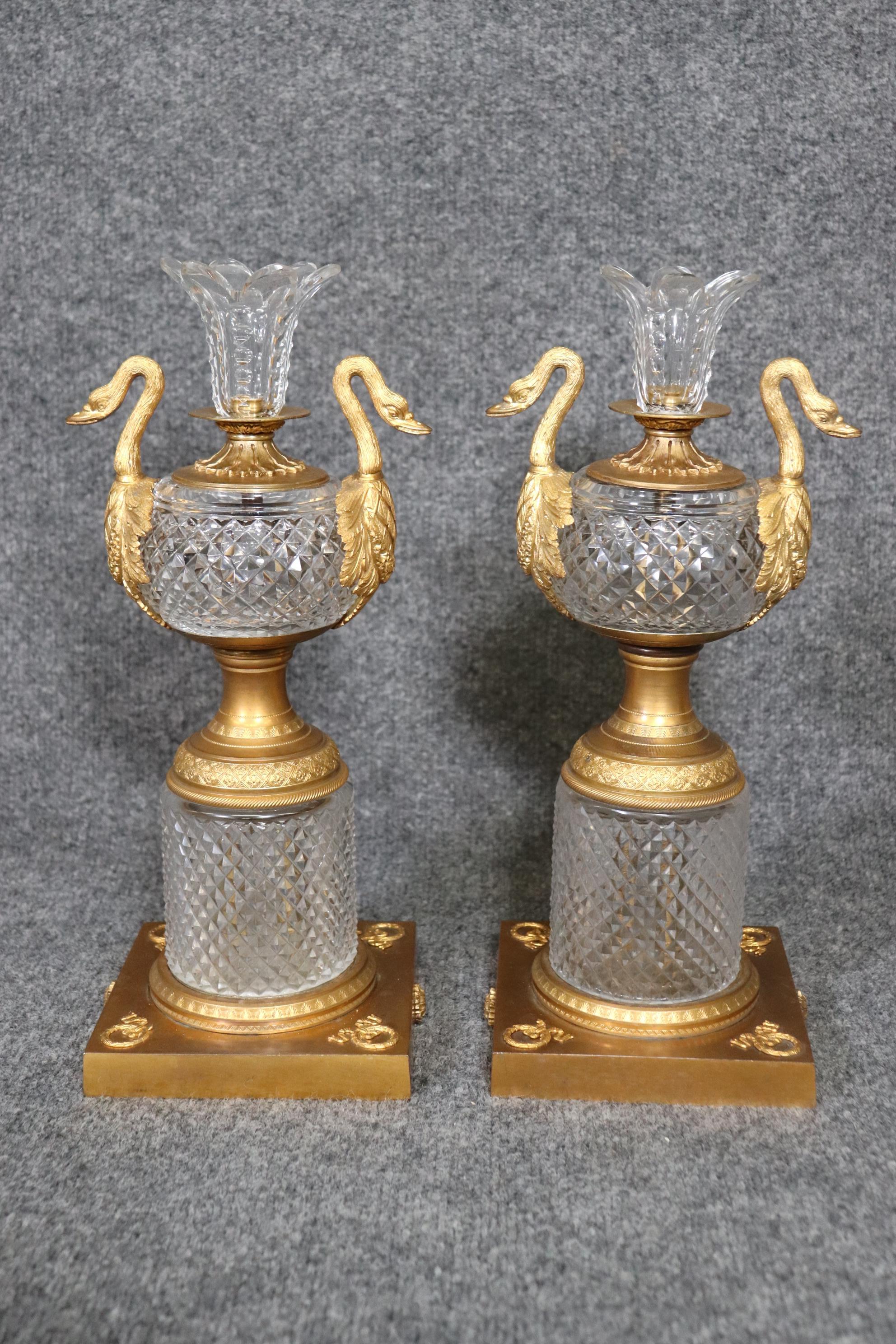 Exceptional Pair of Baccarat Quality Crystal Dore' Bronze Cassolettes with Swans 1