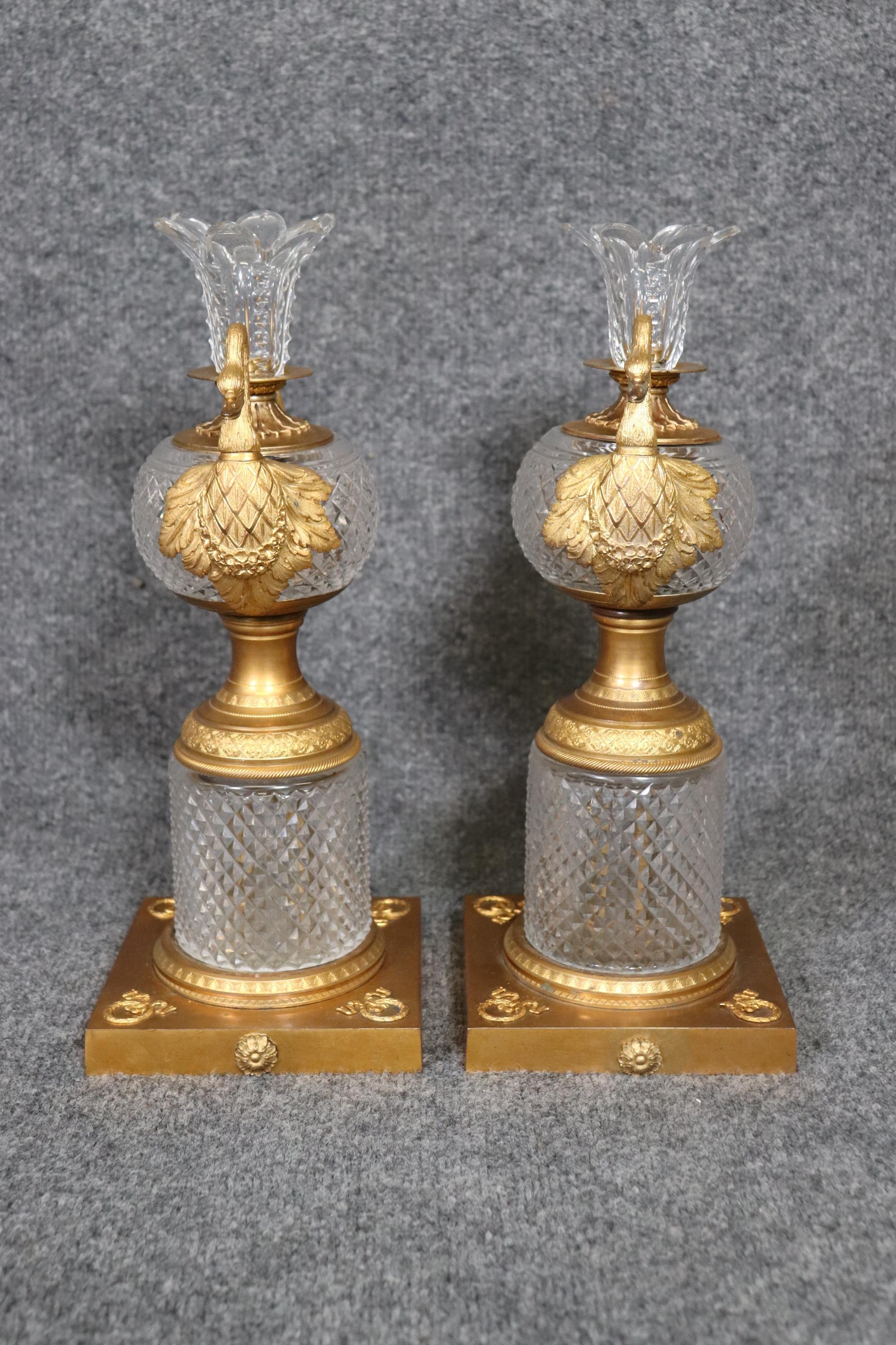 Exceptional Pair of Baccarat Quality Crystal Dore' Bronze Cassolettes with Swans 2
