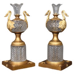 Exceptional Pair of Baccarat Quality Crystal Dore' Bronze Cassolettes with Swans