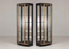 Exceptional Pair of Black Lacquered and Brass Display Cabinets by Henredon