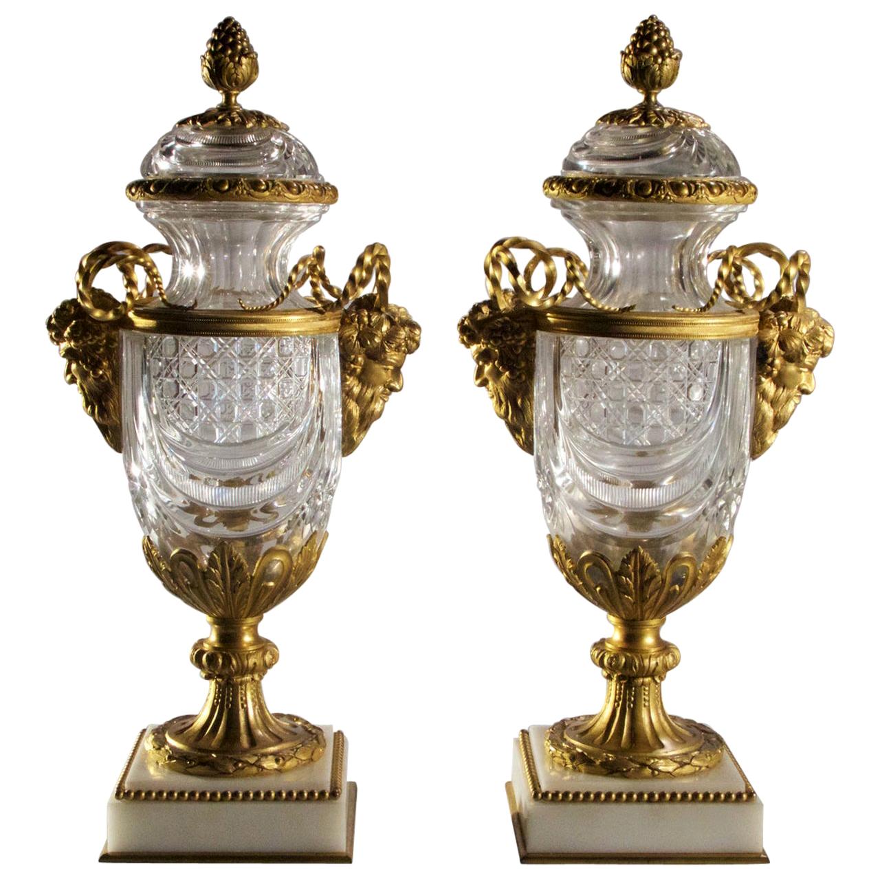 Exceptional Pair of BronzeMounted Crystal Vases Surmounted on Marble