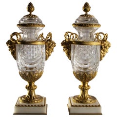 Exceptional Pair of Bronze-Mounted Crystal Vases Surmounted on Marble Base