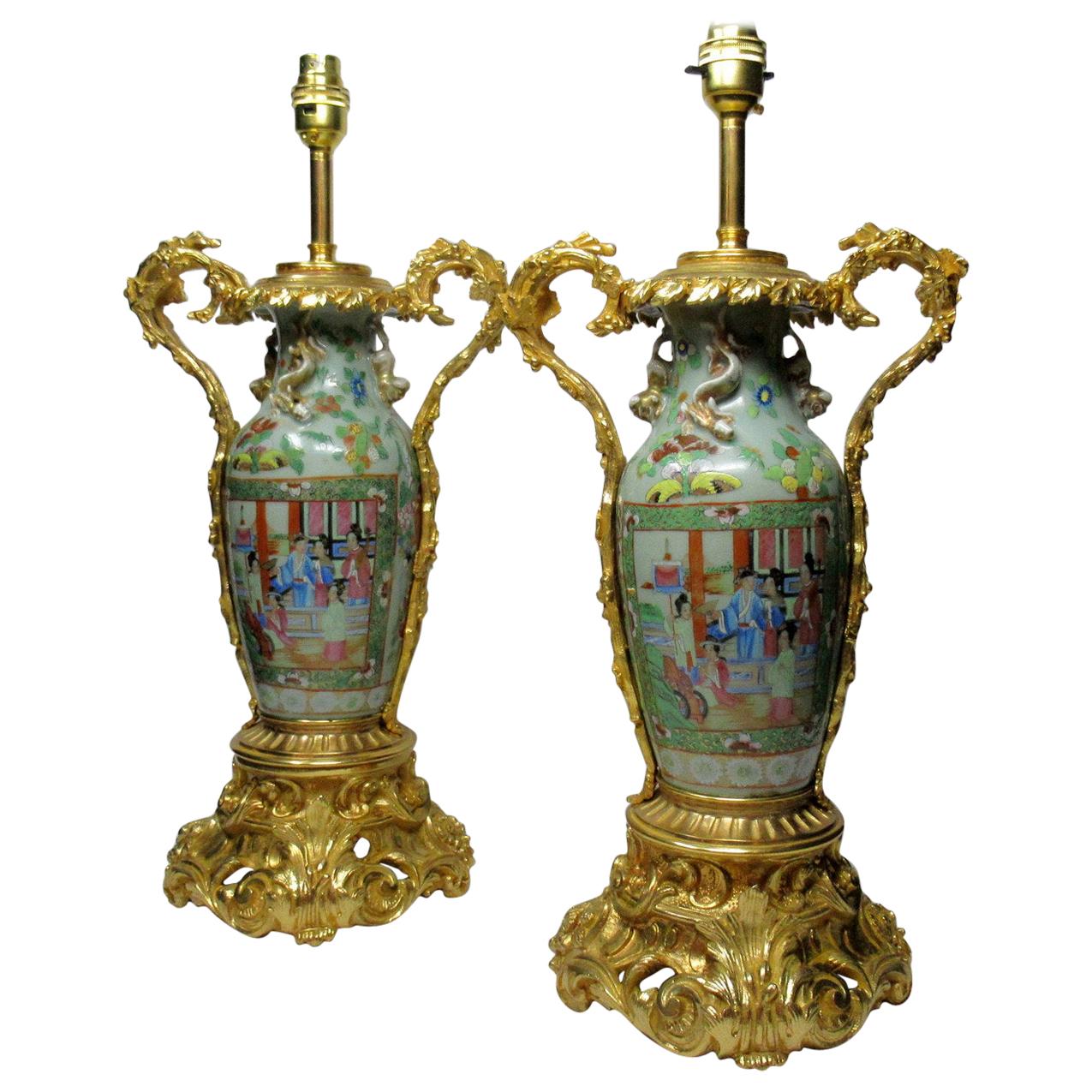 Exceptional Pair of Cantonese Chinese Hand Painted Porcelain Ormolu Table Lamps